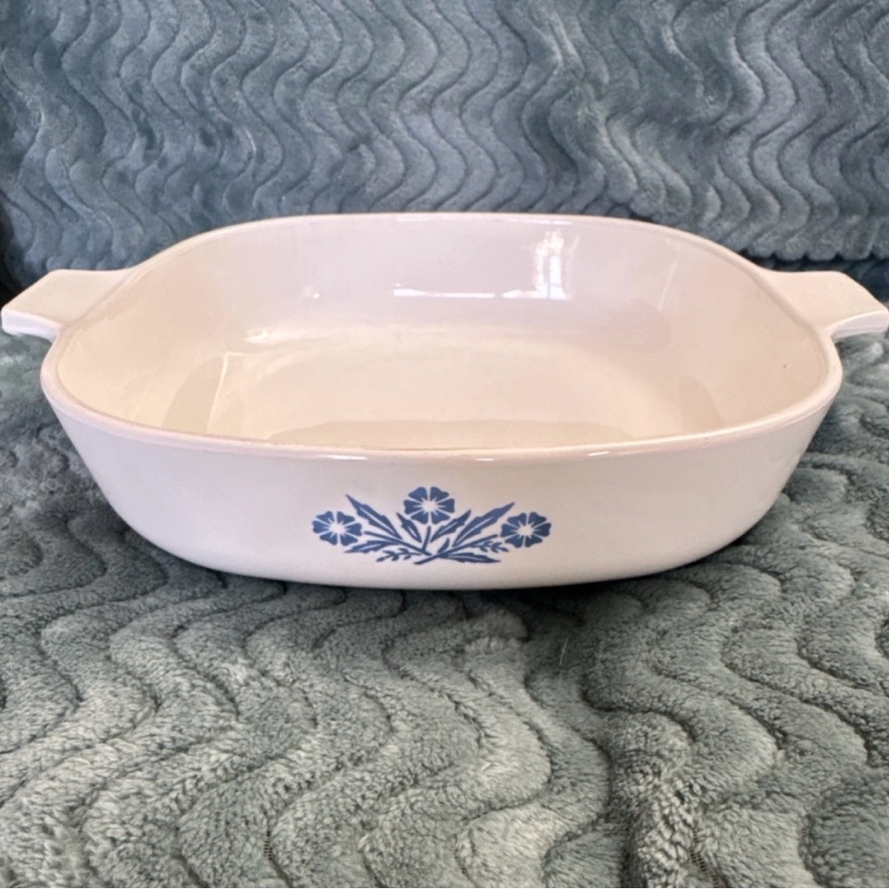 Corningware White Casserole Dish with Blue Floral Design